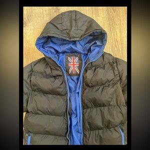 TRUE ROCK MENS PUFFER JACKET XL WITH HOOD BLACK/BLUE ZIP POCKETS!
